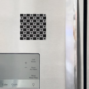 Imã Azulejo Xadrez Preto e Cinza Com Padrão de Coraçõe