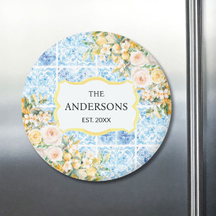 Imã Azulejos Azuis Mediterrâneos Nome da Família Flor 