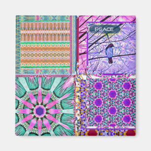 Imã Azulejos Azulejos Geométricos com Pássaro da Paz