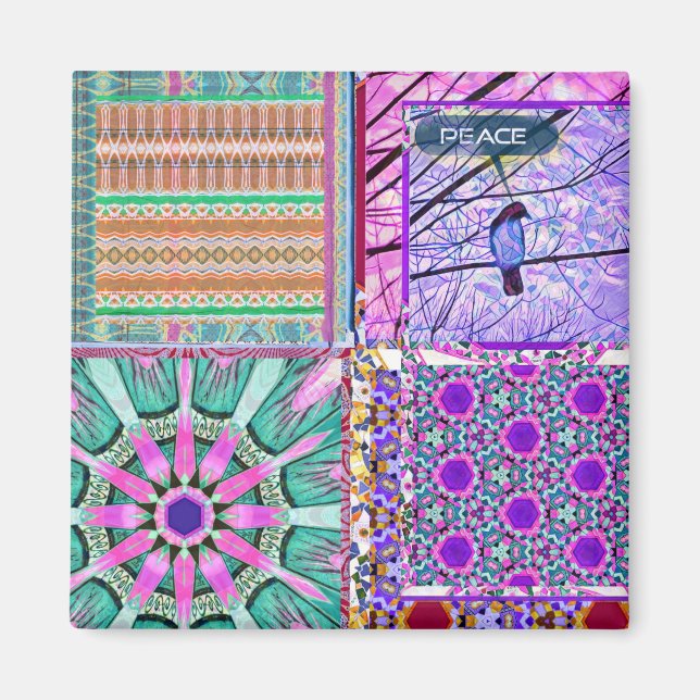 Imã Azulejos Azulejos Geométricos com Pássaro da Paz (Frente)