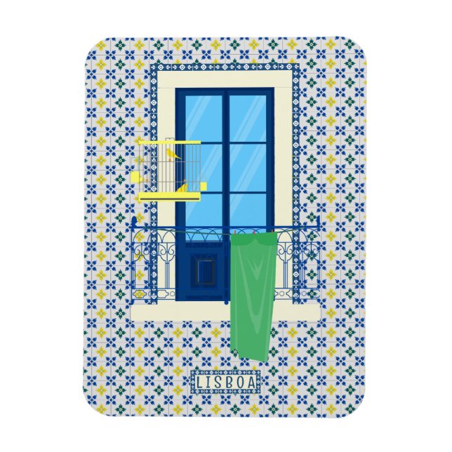 Ímã Azulejos portugueses e varanda de janela com aves (Vertical)