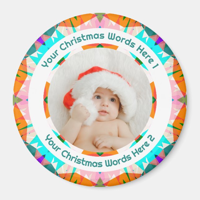Imã Baby First Christmas Orange Teal Family Photo Gift (Frente)