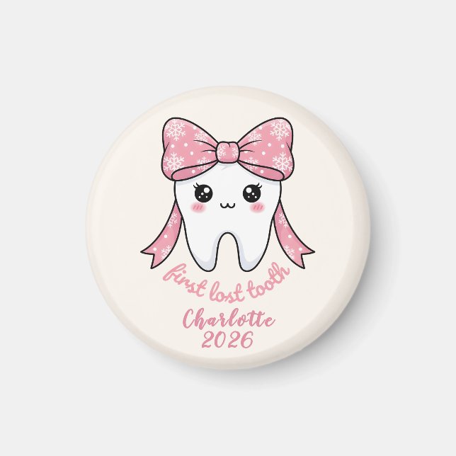 Imã Baby First Tooth Pink Bow Milestone Kawaii Tooth (Frente)