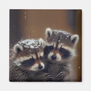Imã Baby Raccoons Huddle in Falling Snow