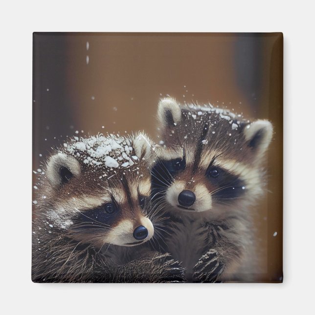 Imã Baby Raccoons Huddle in Falling Snow (Frente)