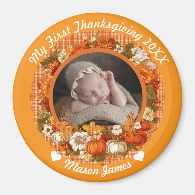 Imã Baby’s First Thanksgiving Fall Floral Photo (Frente)