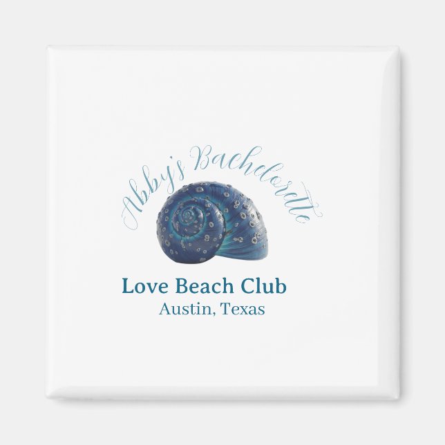 Imã Bachelorette party beach club blue sea shell name  (Frente)
