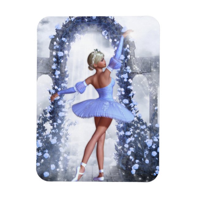 Ímã bailarina de fantasia azul e branca com rosa (Vertical)