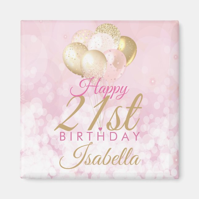 Imã Balão-aniversário de 21 anos Dourado, Rosa-Blush,  (Frente)