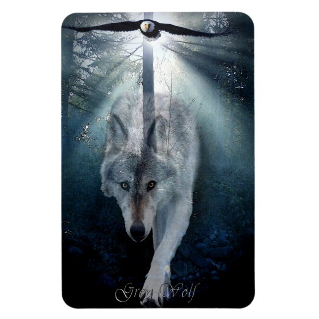 Ímã Bald Eagle & Cinza Wolf Wildlife Art Premium Magne (Vertical)
