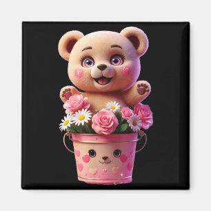Imã Balde de flores colorido com ursinho engraçado uni
