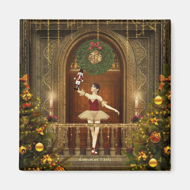 Imã Ballerina e Nutcracker Square Holiday Magnet (Frente)