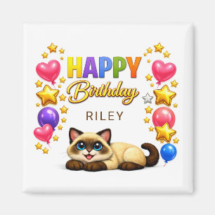 Imã Balões de Gato Siames e Estrelas Feliz Aniversário