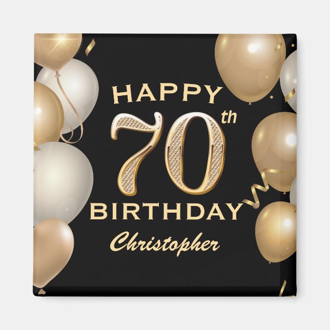 Imã Balões Festa de aniversário preto e Dourado (Frente)