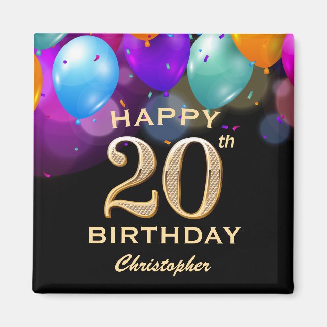 Imã Balões Festa de aniversário preto e Dourado (Frente)