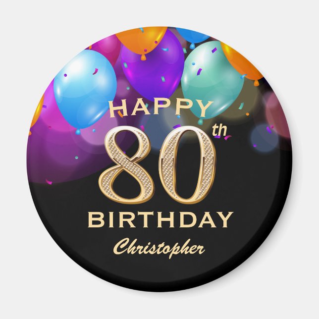 Imã Balões Festa de aniversário preto e Dourado (Frente)