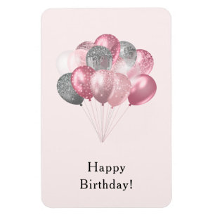 Ímã Balões-reluzente rosa e prata feliz aniversário