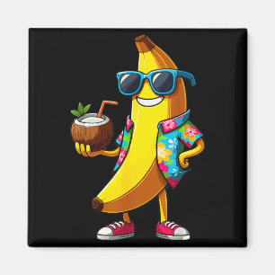 Imã Banana Usando Óculos de Sol Bebendo Coco Verão