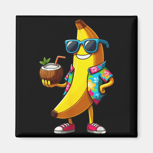 Imã Banana Usando Óculos de Sol Bebendo Coco Verão (Frente)