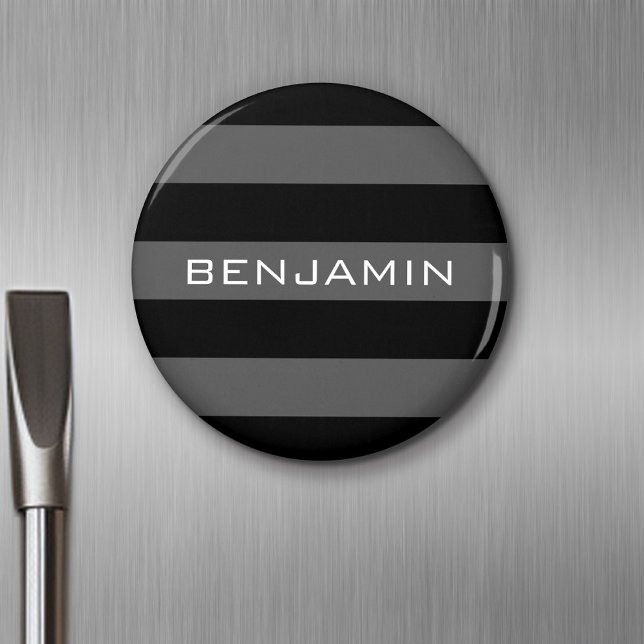Imã Bandas de Rugby de Cinza e Preto com Nome Personal (Personalized Fridge Magnet - Party Favor - Add Custom Text)