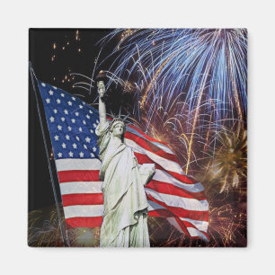 Imã Bandeira americana, fogos-de-artifício e estátua