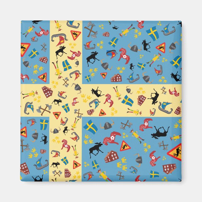 Imã Bandeira da Suecia com ícones de cultura (Frente)