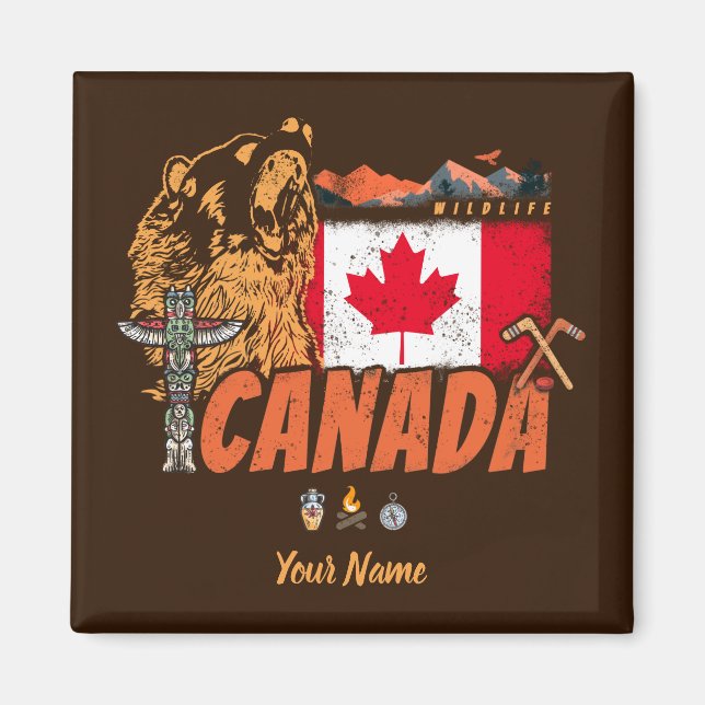 Imã Bandeira de colheita do Canadá e souvenir do urso- (Frente)