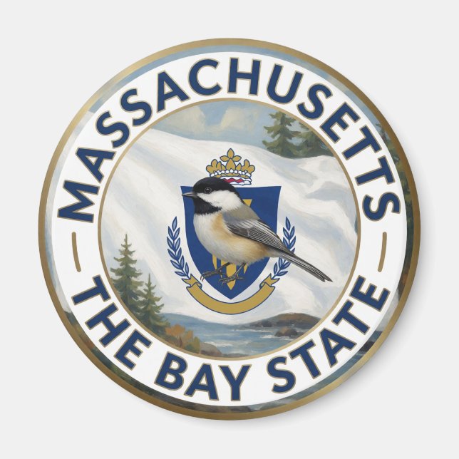 Imã 🌊 Bandeira de Massachusetts e Chickadee-de-capo-p (Frente)