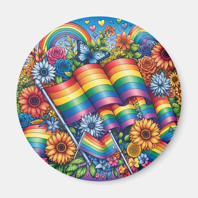 Imã Bandeiras do Orgulho LGBTQIA+, Arco-íris, Flores (Frente)