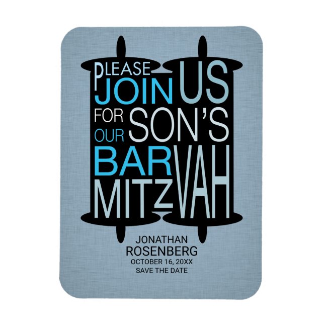 Ímã Bar Azul Moderno de Torah Mitzvah Salve a Data (Vertical)