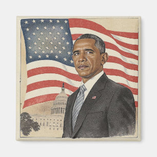 Imã Barack Obama em frente à bandeira americana e ao C