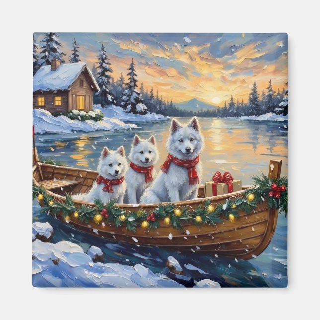 Imã Barco de Natal do Samoyed Branco Férias (Frente)
