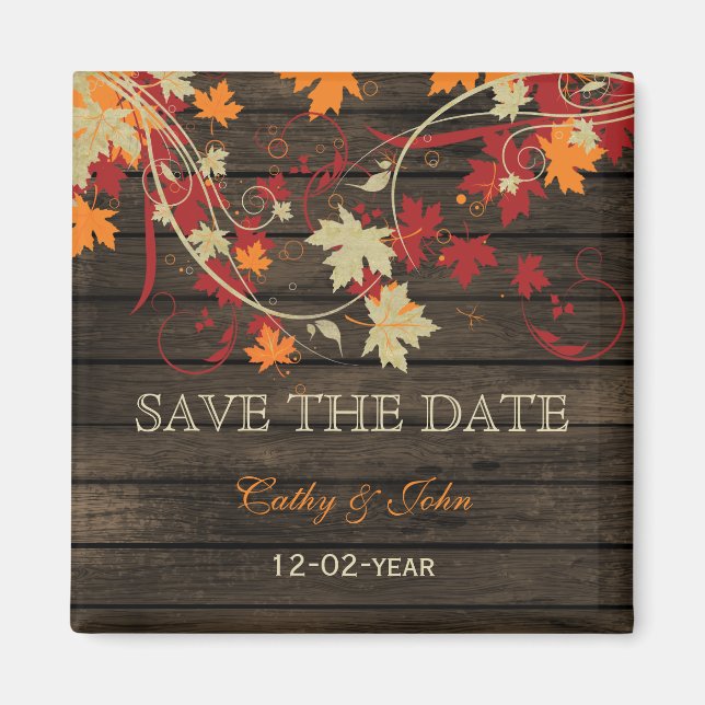 Imã Barn Wood Rustic Fall Leaves Wedding save the date (Frente)
