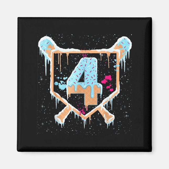Imã Baseball 4 Year Old Ice Cream Drip 4th Birthday Bo (Frente)
