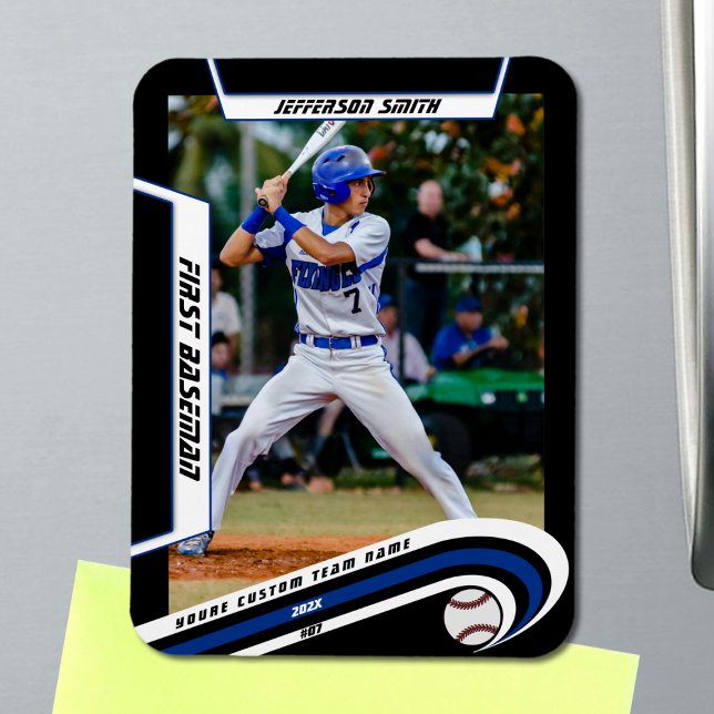Ímã Baseball Keepsakes Lively Blue Black Personalizado (Baseball Player Magnet in Black with Custom Team Name and White Blue Elements)