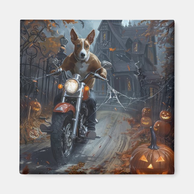 Imã Basenji Riding Motorcycle Halloween Scary (Frente)