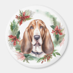 Imã Basset Hound Christmas Wreath Festivo Pup