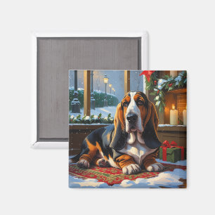 Imã Basset Hound Com Luzes De Natal Feriado