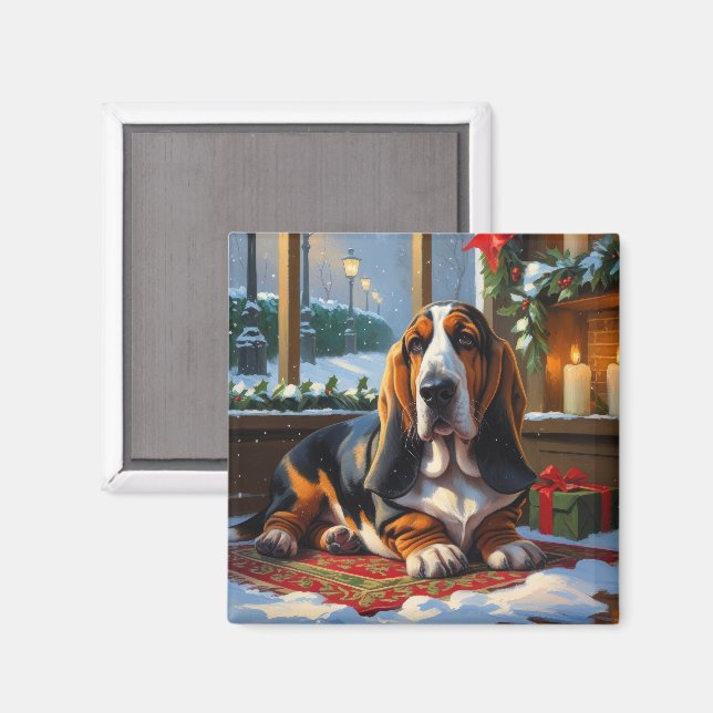 Imã Basset Hound Com Luzes De Natal Feriado  (Front/Back)