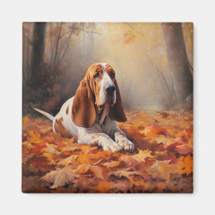Imã Basset Hound no Outono Folhas Caídas Inspiram