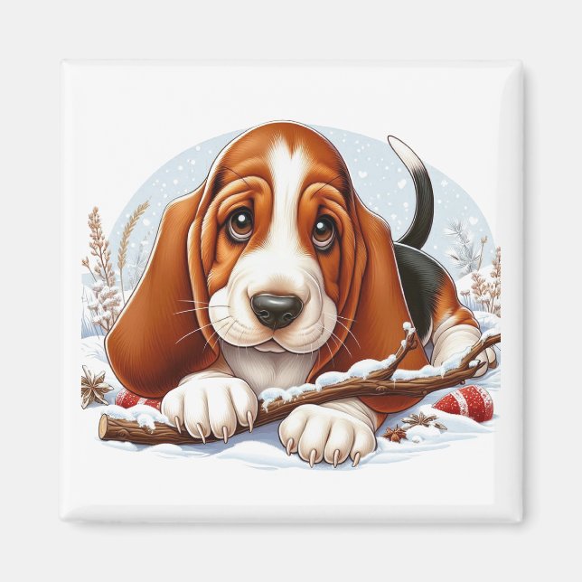Imã Basset Hound Puppy na cena de inverno de neve (Frente)