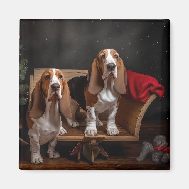 Imã Basset Hound Snowy Sleigh Decência de Natal (Frente)