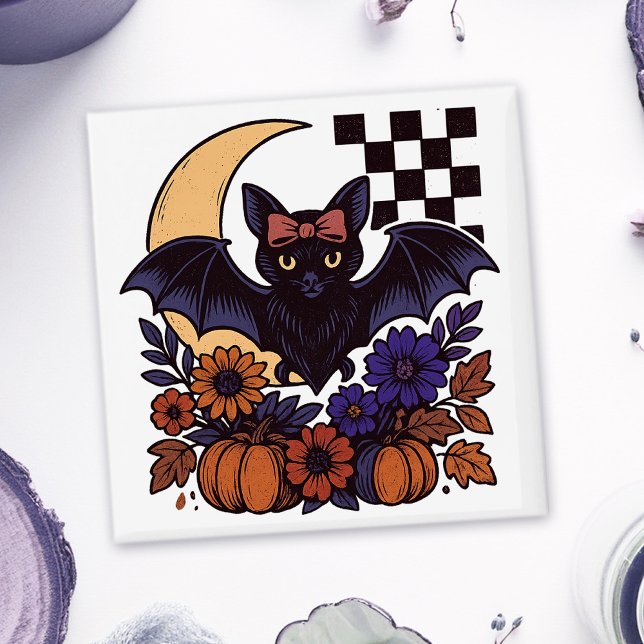 Imã Bat De Halloween Com Estética Gótica Da Lua (This retro Halloween bat design captures spooky charm with a gothic twist.)