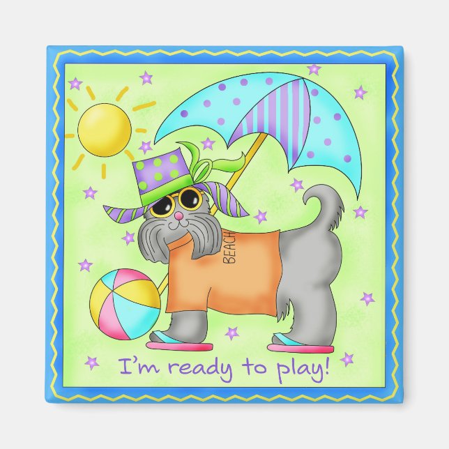Imã Beach Dog Whimsy Art Green Blue (Frente)