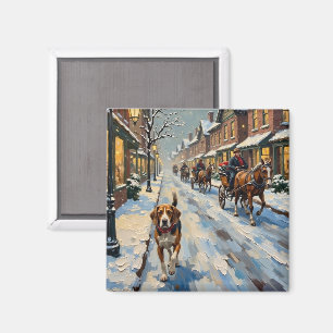 Imã Beagle Antigo em Rua Victoriana Nevada no Natal