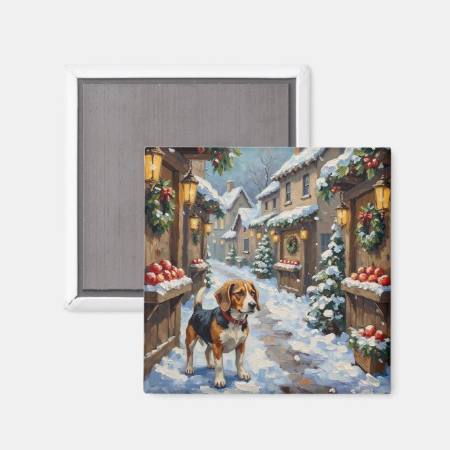 Imã Beagle Antigo no Mercado de Natal Nevado (Front/Back)