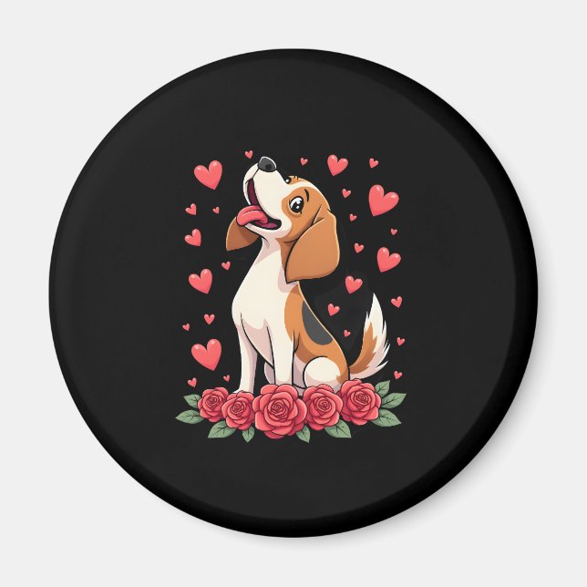 Imã Beagle Fofo com Rosas Vermelhas Corações Floral Di (Frente)