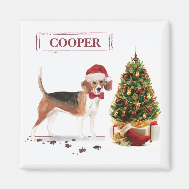 Imã Beagle Natal Divertido Cachorro com Árvore (Frente)