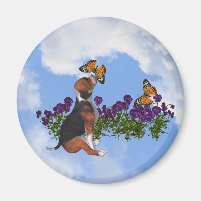 Imã Beagle Puppy Butterflies Flores Animal Magnet (Frente)