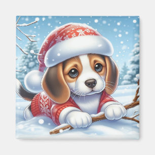 Imã Beagle Puppy em terno de natal apreciando a neve